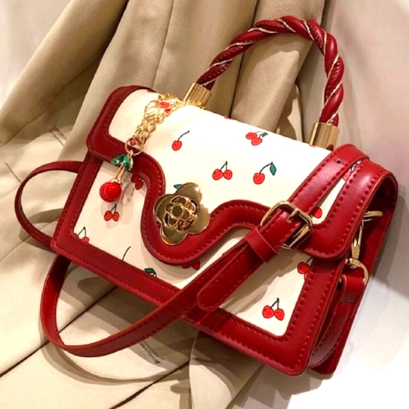 SHEIN Handbags - 🍒Red and Cream Cherry Print Shoulder Bag with Gold Turnlock Closure(Shein) NEW